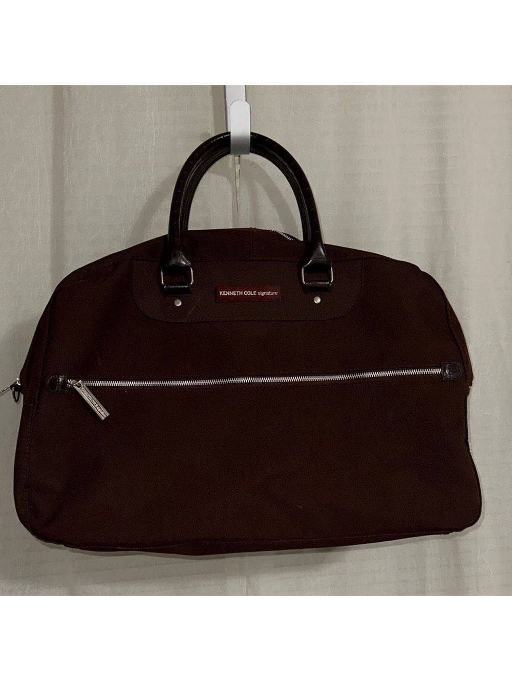 KC Sig Brown Canvas Faux Leather Silver Tone Hardware Duffel Bag with a Strap